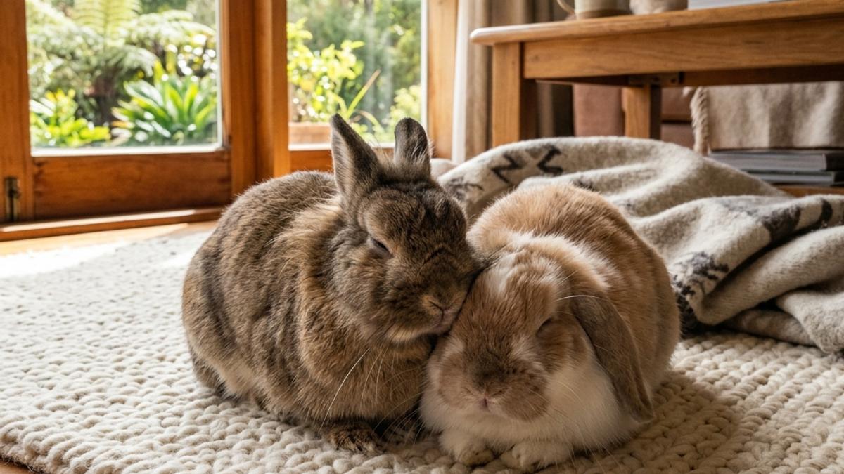 Two bonded fluffy pet rabbits cuddling together closely on a soft rug in a warm New Zealand home
