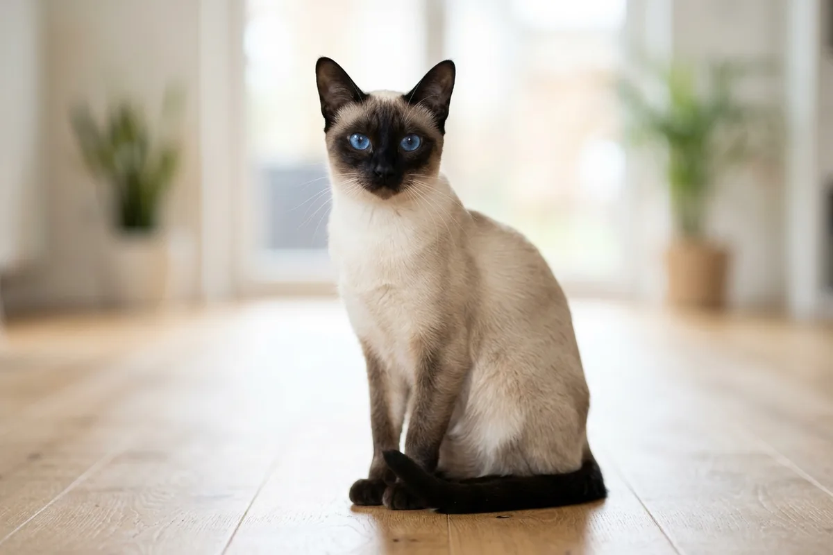 An elegant seal point Siamese cat with striking sapphire blue eyes sitting poised on a light wooden floor