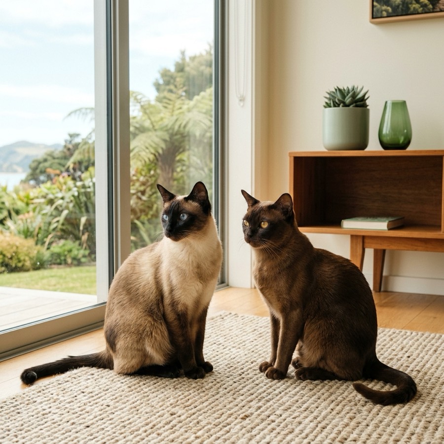 A Siamese cat and a Burmese cat resting companionably together on a woven rug in a sunlit home
