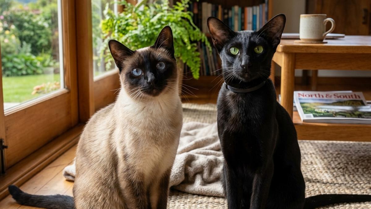 A Siamese cat and a black Oriental Shorthair cat sitting on a rug in a sunlit room