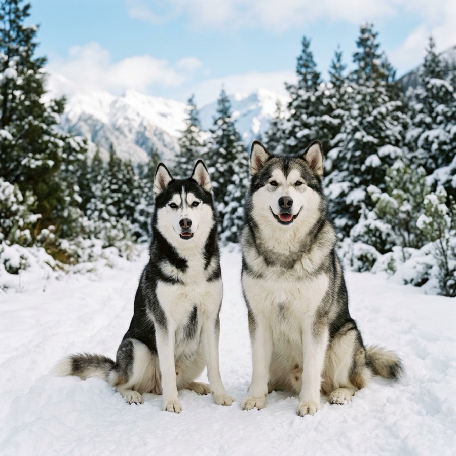 A Siberian Husky and an Alaskan Malamute sitting next to each other in a snowy New Zealand forest