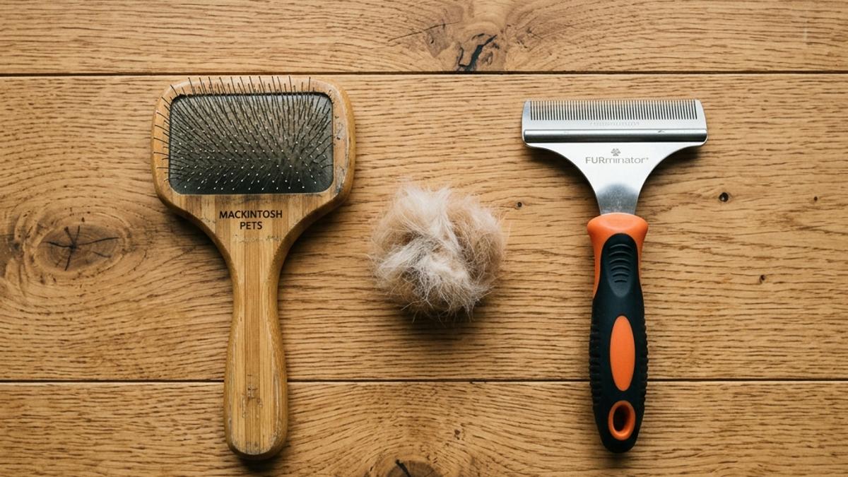 A slicker brush with wire pins and a deshedding rake tool lying on a wooden floor in a New Zealand home