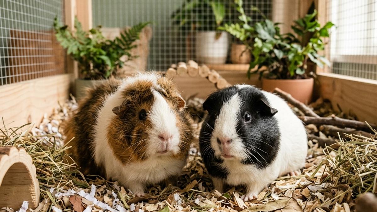 Two happy Guinea Pigs sitting together in a clean enclosure filled with fresh wooden and paper shavings bedding in New Zealand
