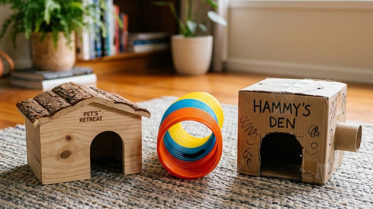 Three types of small pet hideouts with wooden retreat box, plastic tube, and cardboard box