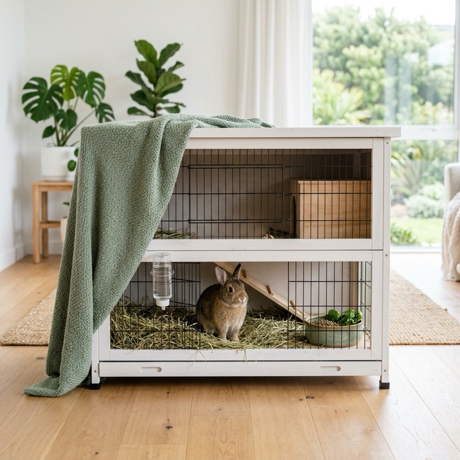 A clean and modern rabbit hutch setup with fresh hay and a draped sage green blanket