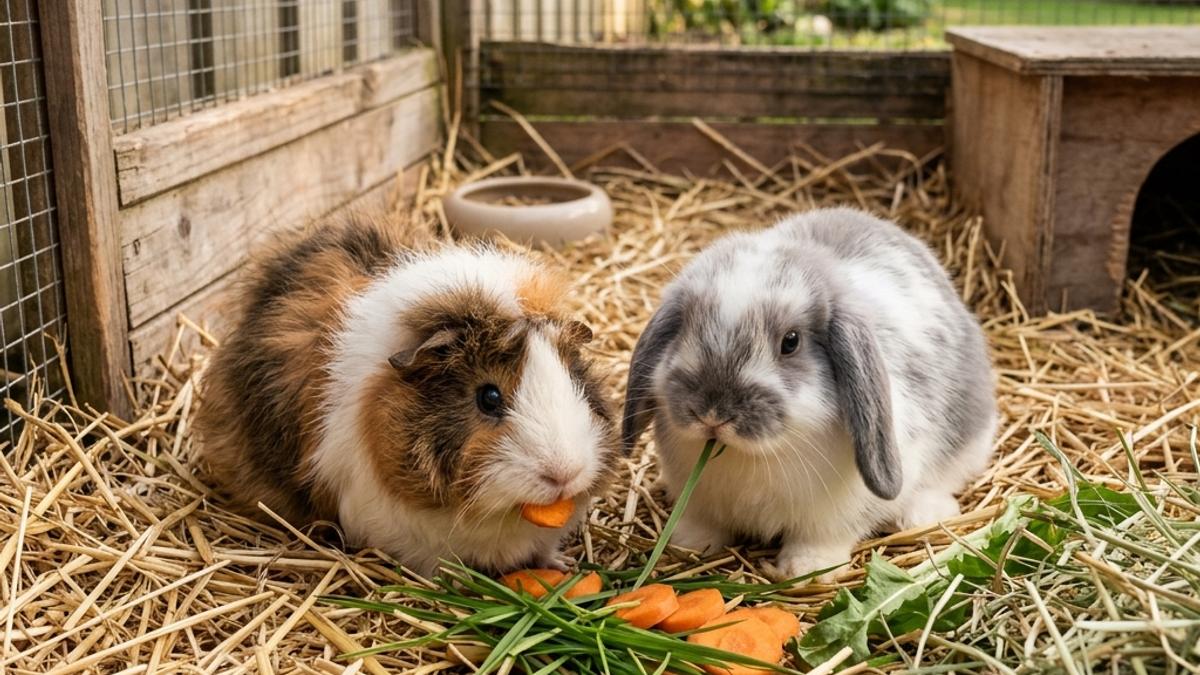A fluffy guinea pig and a lop-eared rabbit sitting together on straw eating carrot slices in their hutch