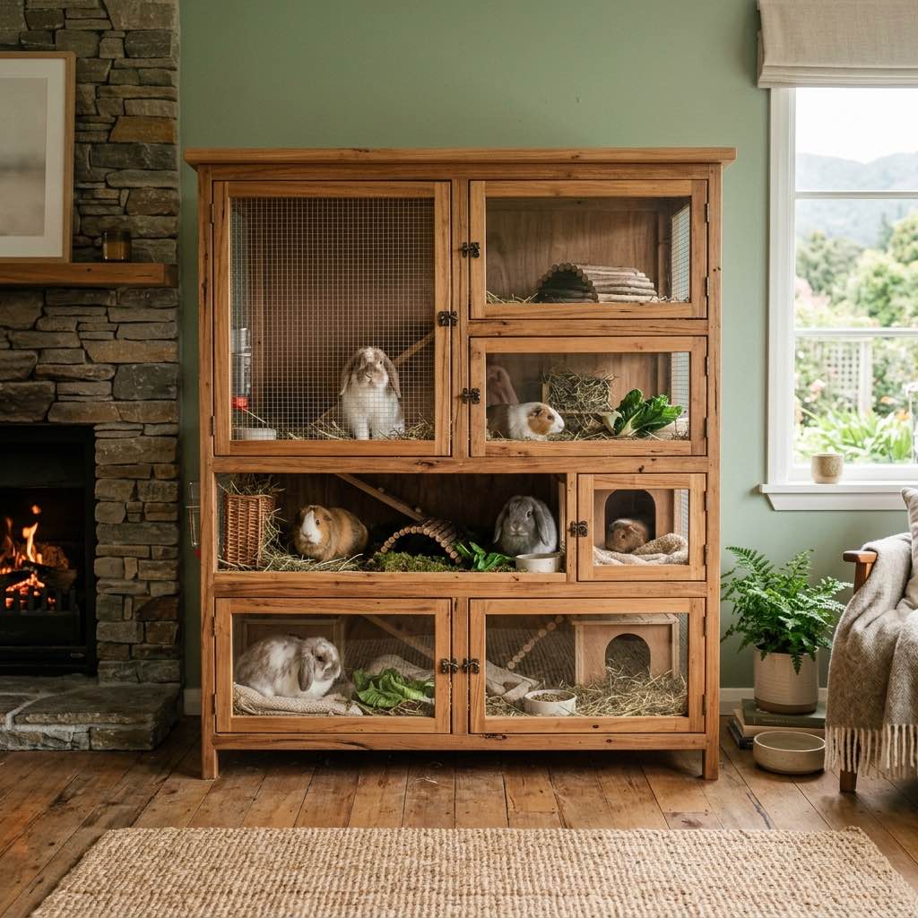 A beautiful large wooden hutch indoors for small pets in a warm New Zealand home