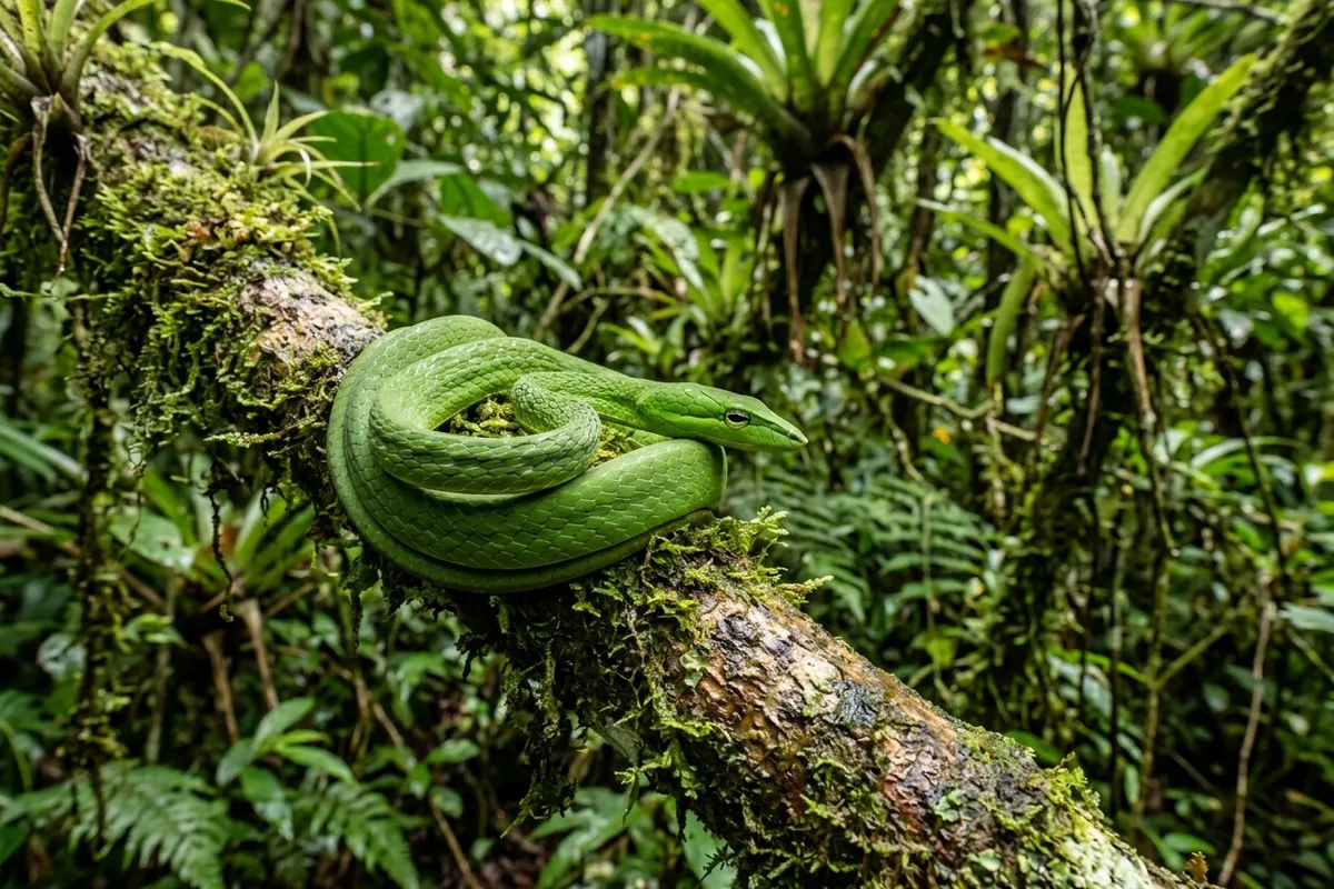 An educational documentary wildlife view of a green tree snake coiled naturally on a mossy branch in dense tropical vegetation
