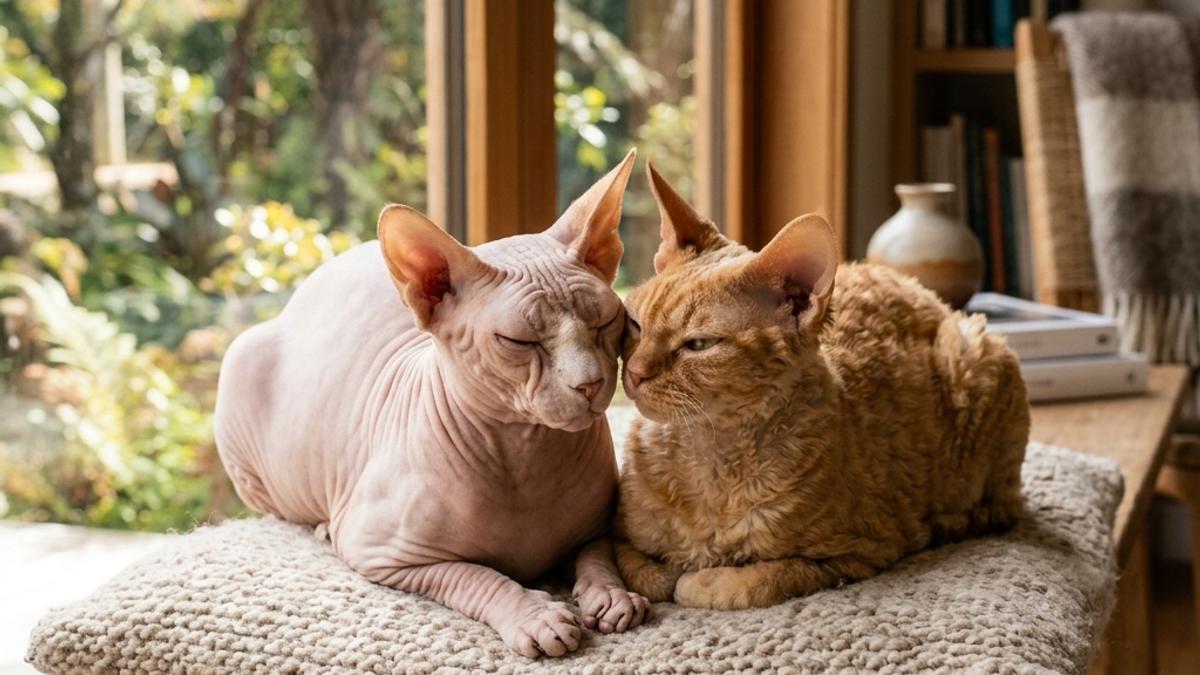 A hairless Sphynx cat and a curly-coated Devon Rex cat resting companionably on a soft cushion in a warm, modern New Zealand home
