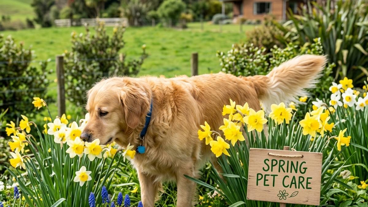 A happy golden retriever sniffing spring daffodils in New Zealand garden next to a card