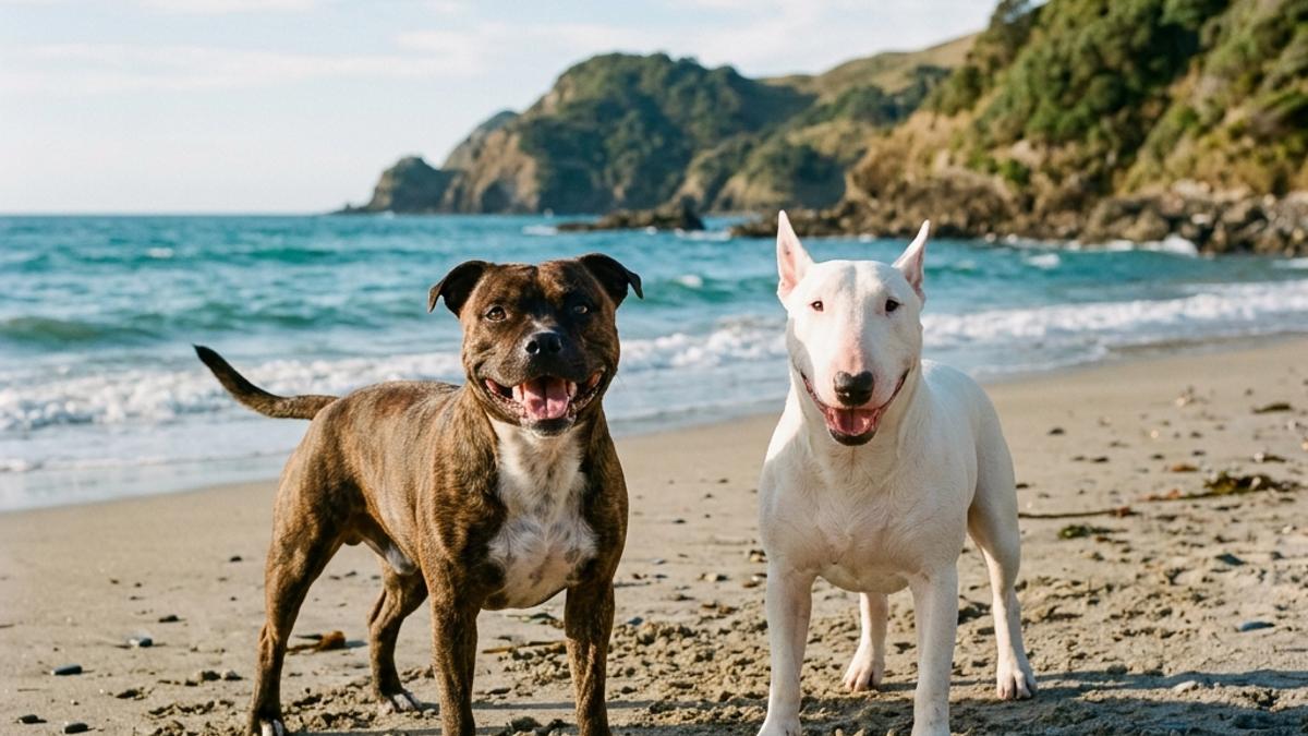 A happy Staffordshire Bull Terrier and an English Bull Terrier standing side-by-side on a sunny New Zealand beach