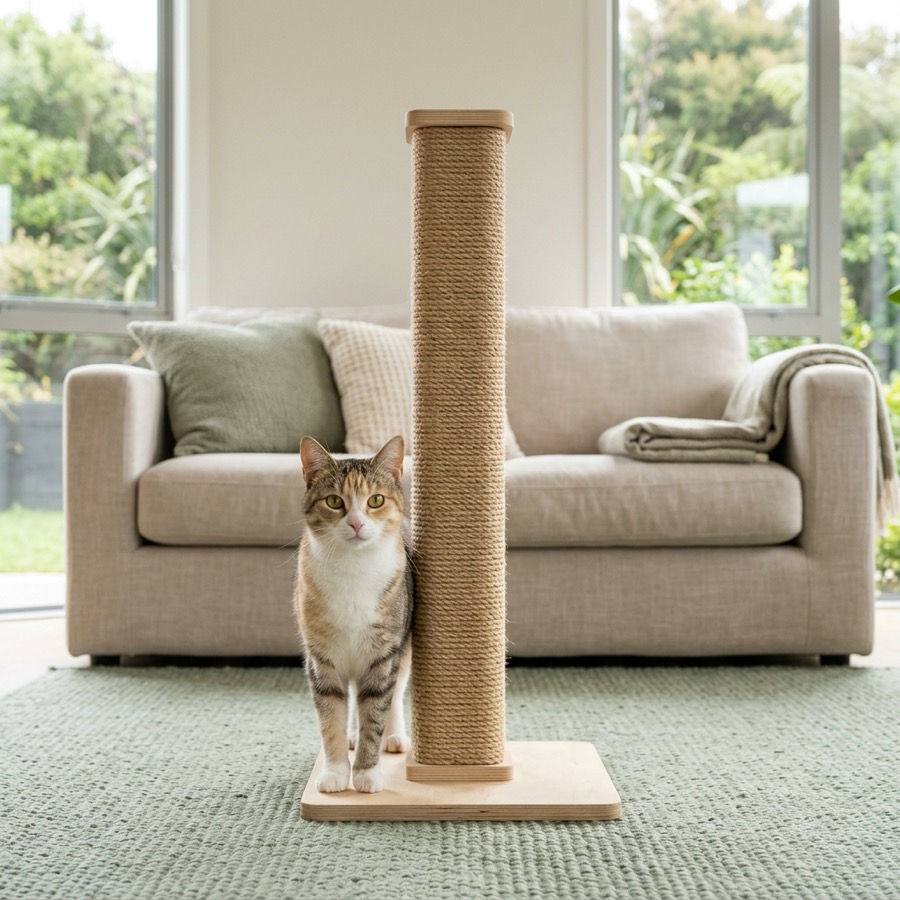 A beautiful cat standing next to a modern sisal scratching post in a warm New Zealand home