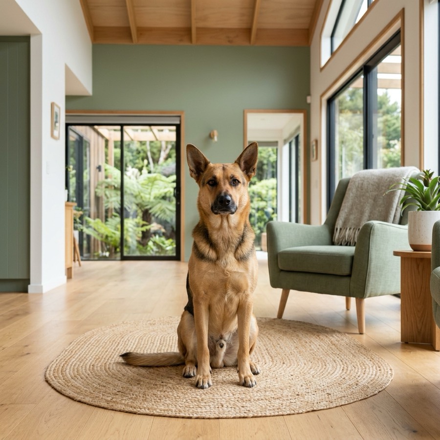 A calm, quiet dog sitting attentively on a mat inside a bright New Zealand home