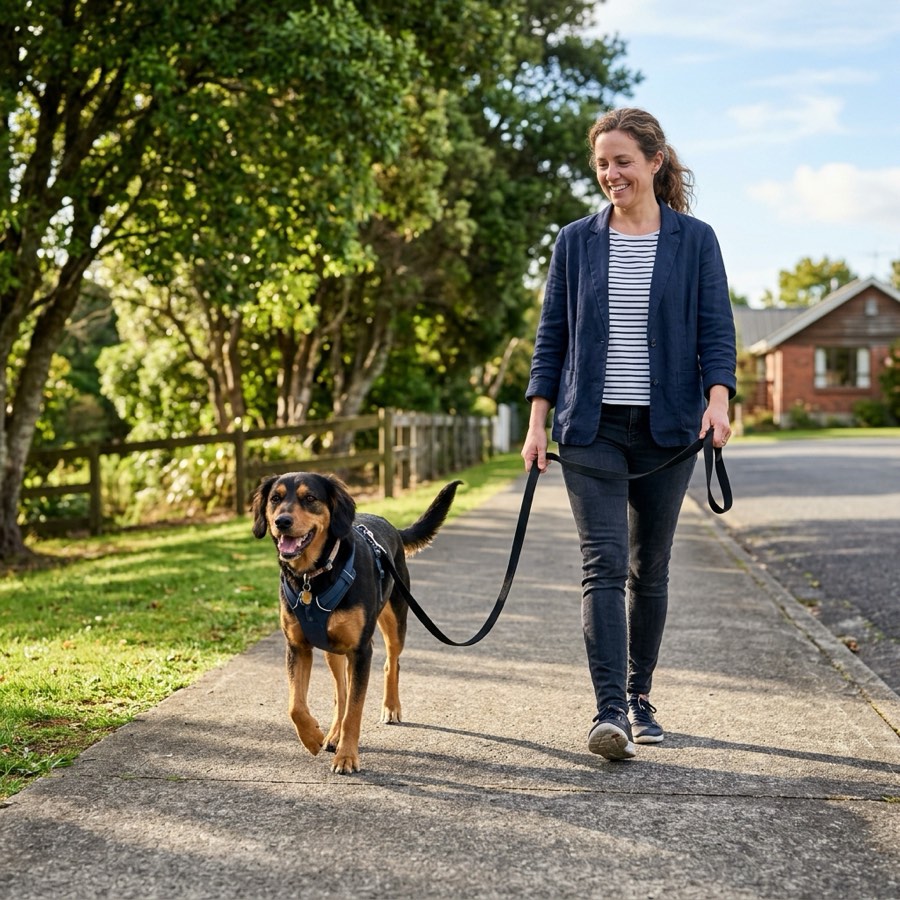 A dog walking calmly on a loose lead next to its owner on a New Zealand path