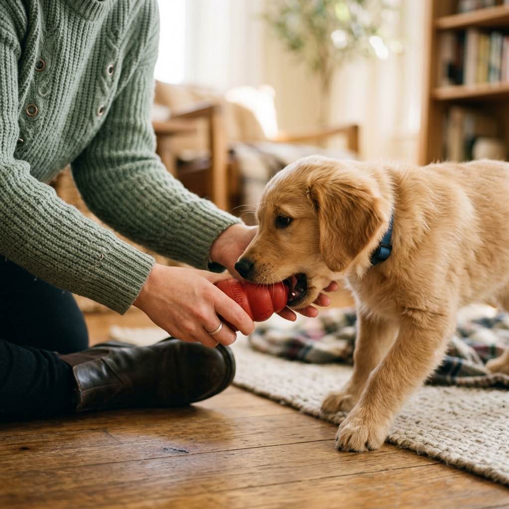 A person's hands gently redirecting a playful puppy to chew on a high-quality rubber toy instead