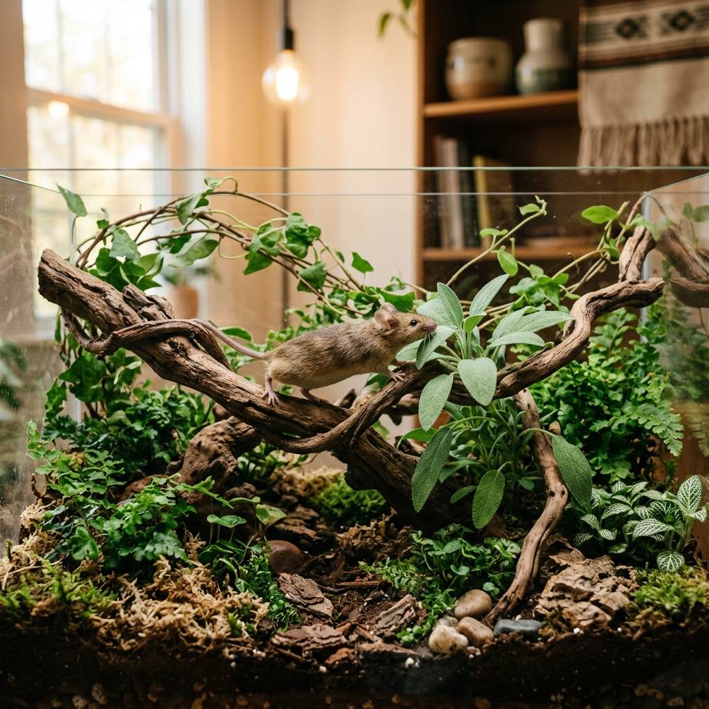A beautiful natural terrarium branch setup indoors warmly lit with a small legal pet mouse exploring