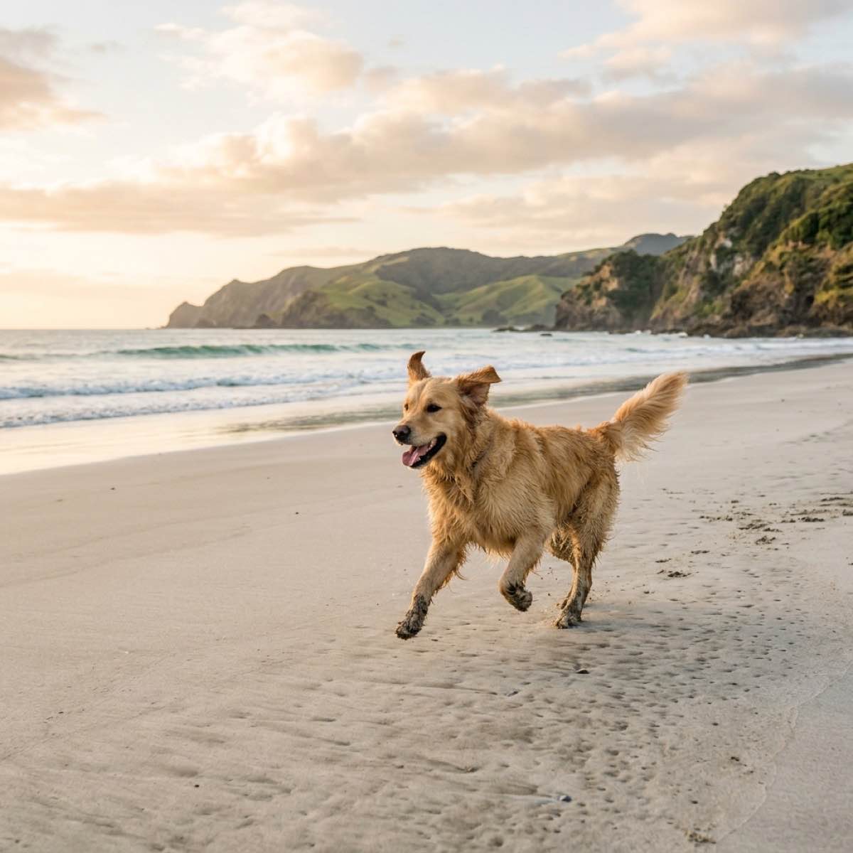 A happy dog running freely on a beautiful New Zealand beach with calm waves
