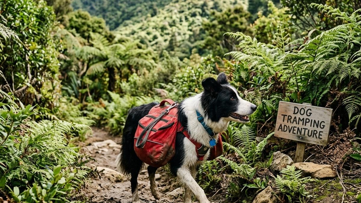 A border collie dog wearing saddlebag walking on native New Zealand forest trail next to a tramping card