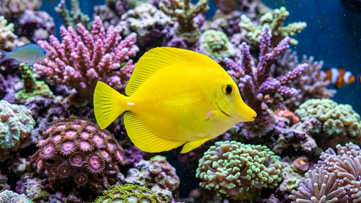 A bright yellow tang fish (surgeonfish) swimming near colourful corals in a home saltwater marine aquarium reef tank