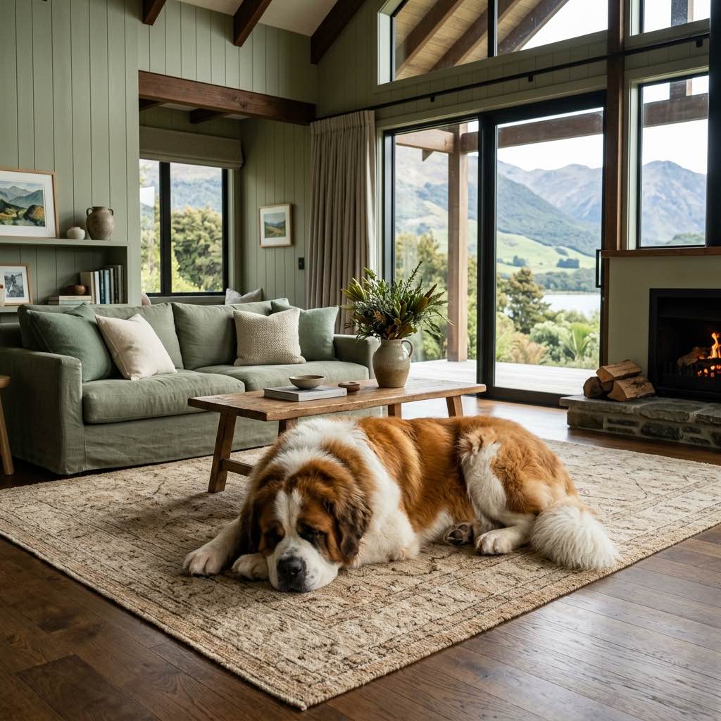 A very large fluffy Saint Bernard dog resting majestically on a big rug in a spacious living room