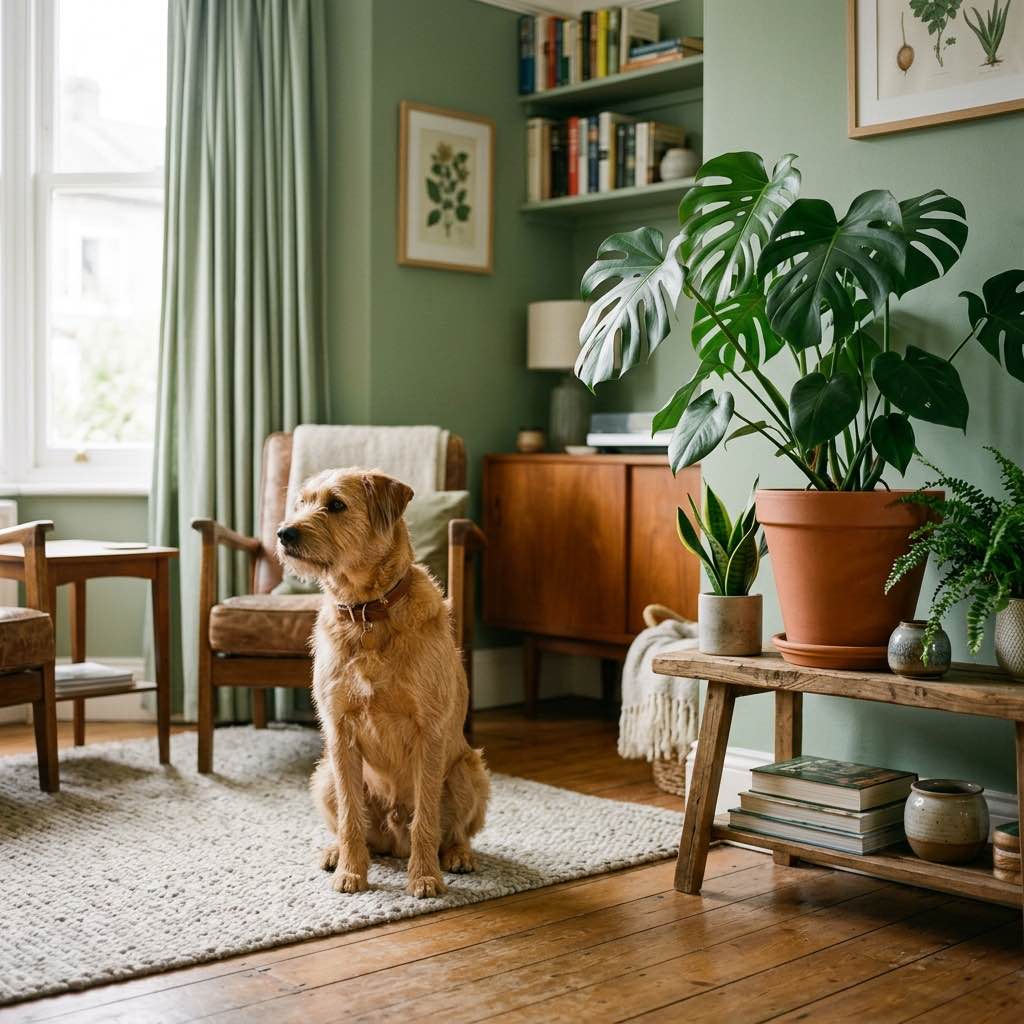 A dog sitting safely away from an indoor plant in a bright living room
