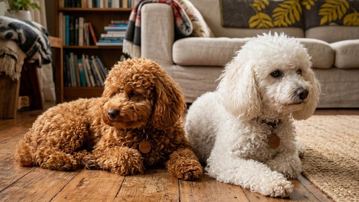 A comparison shot of two Poodle dogs lying side-by-side on wooden floor: reddish-brown Toy Poodle and white Miniature Poodle
