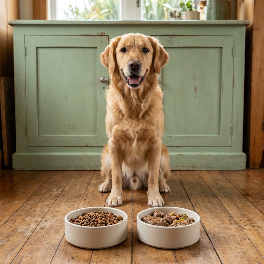Two bowls representing old and new food side-by-side on a floor with a golden retriever looking on