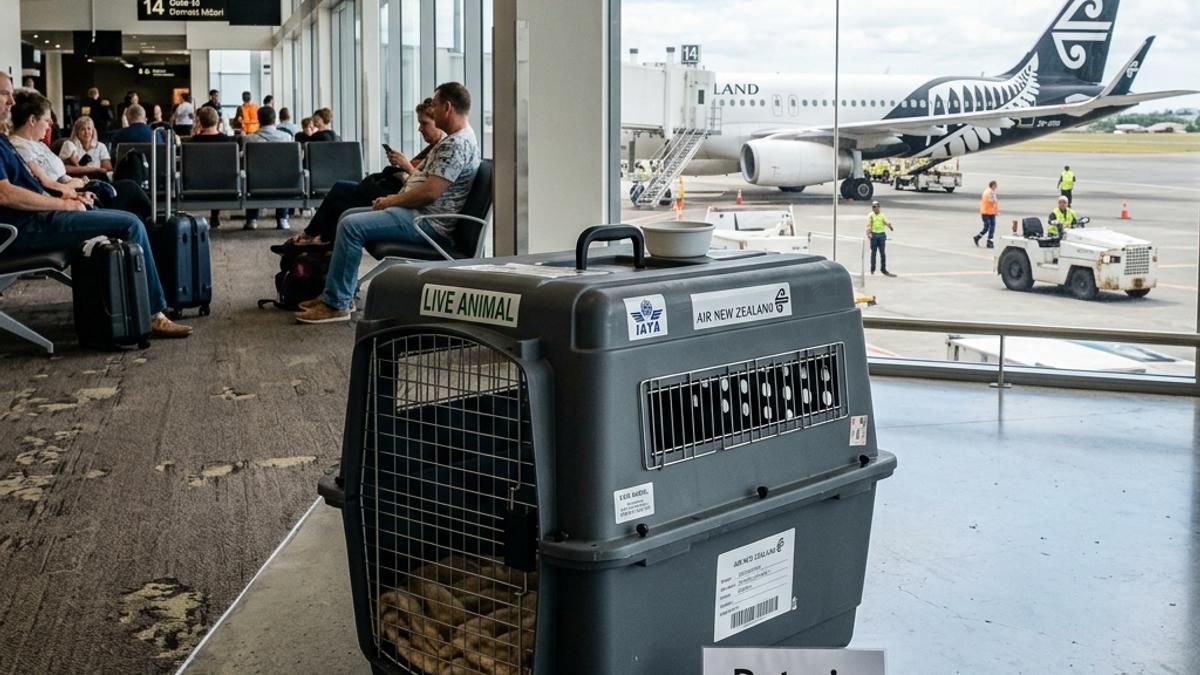 A grey airline-approved pet kennel inside airport terminal next to a pet air travel sign
