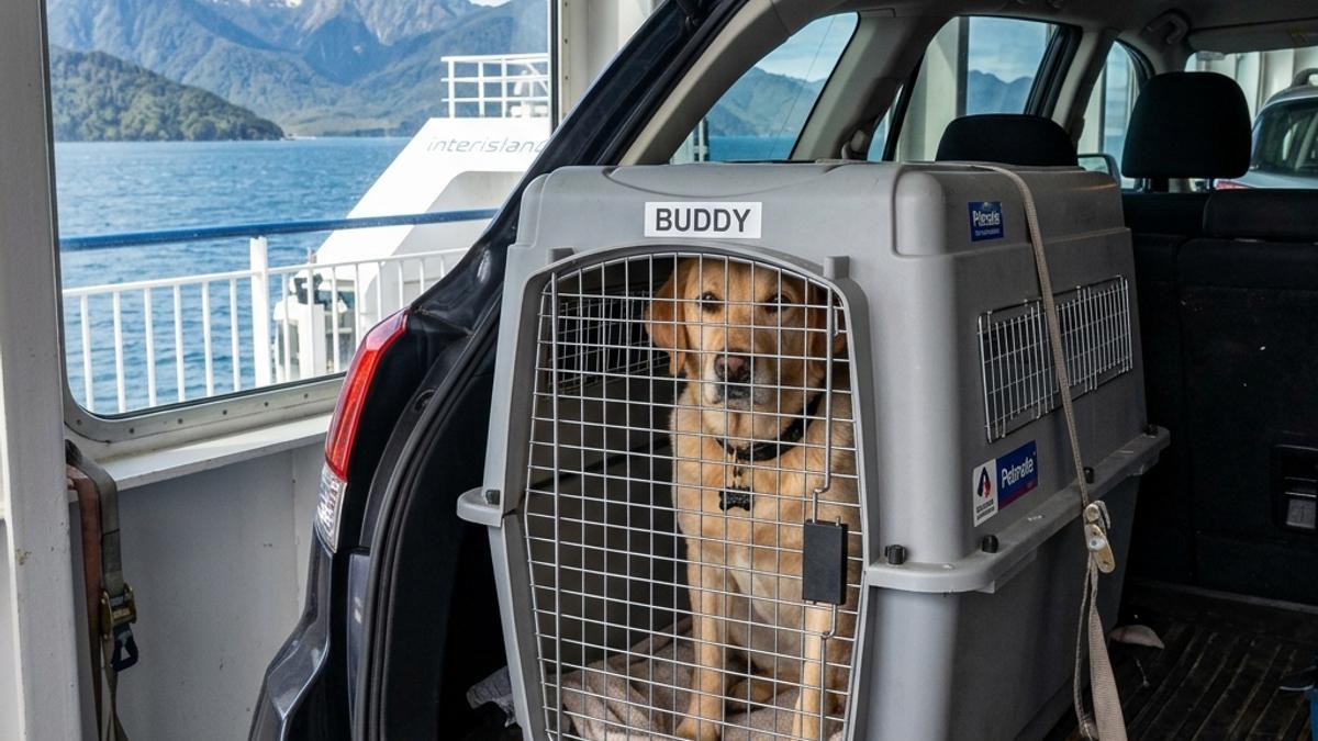 A dog sitting in a secure plastic crate in a car trunk on the Cook Strait ferry deck with South Island views