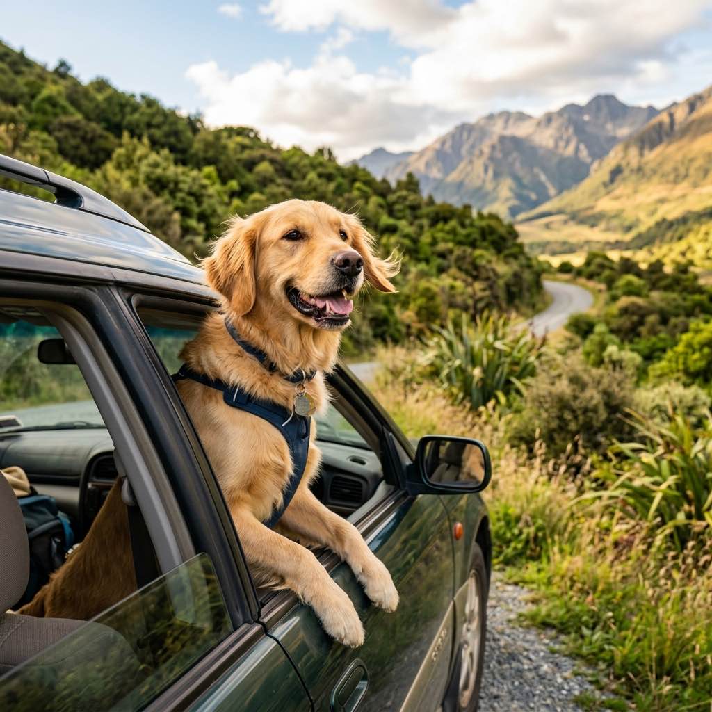 A dog looking happily out the open window of a parked car in New Zealand