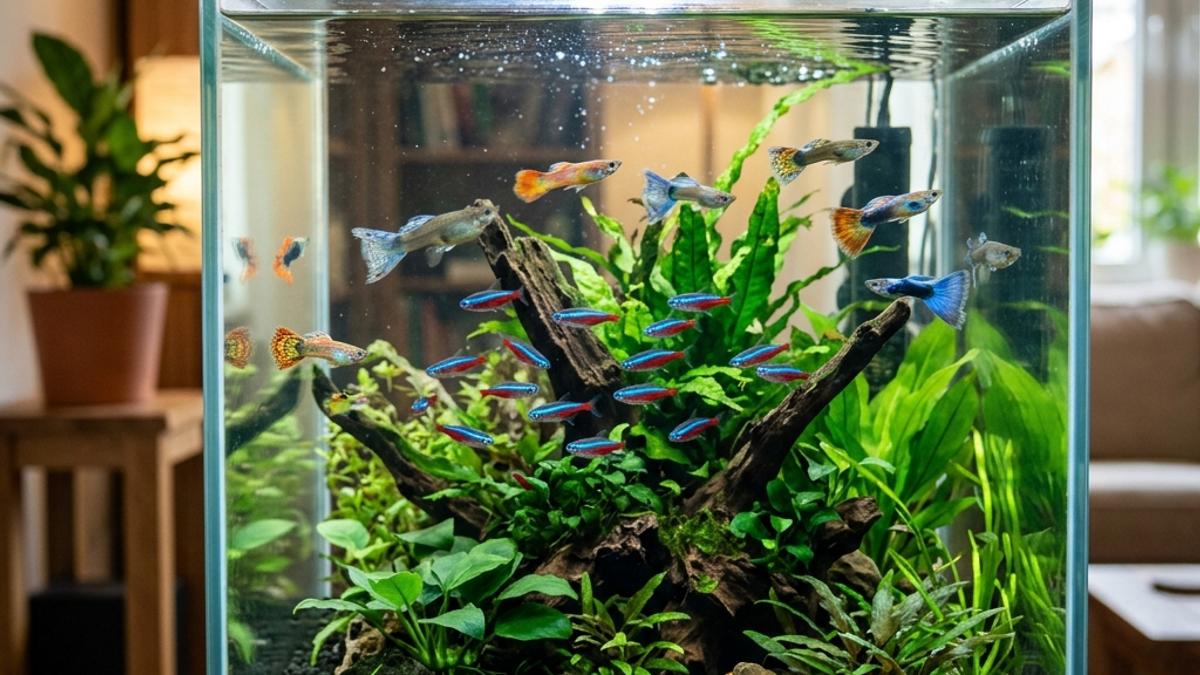 A vibrant and clean freshwater home aquarium tank filled with beginner tropical fish, neon tetras, and guppies swimming near live green plants