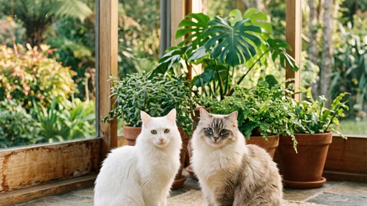 A fluffy Turkish Angora cat and a soft RagaMuffin cat sitting side-by-side in a beautiful New Zealand sunroom