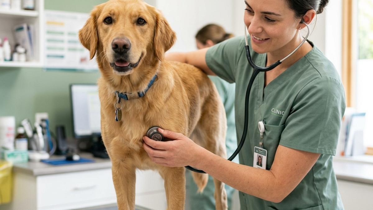 A female veterinarian in sage green scrubs using a stethoscope to examine a golden retriever dog on a metal table