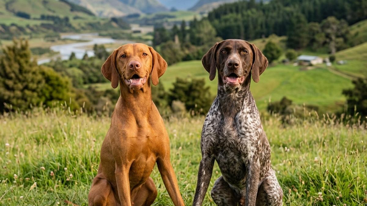 A happy Vizsla dog and a German Shorthaired Pointer side by side in a New Zealand grassy hills environment