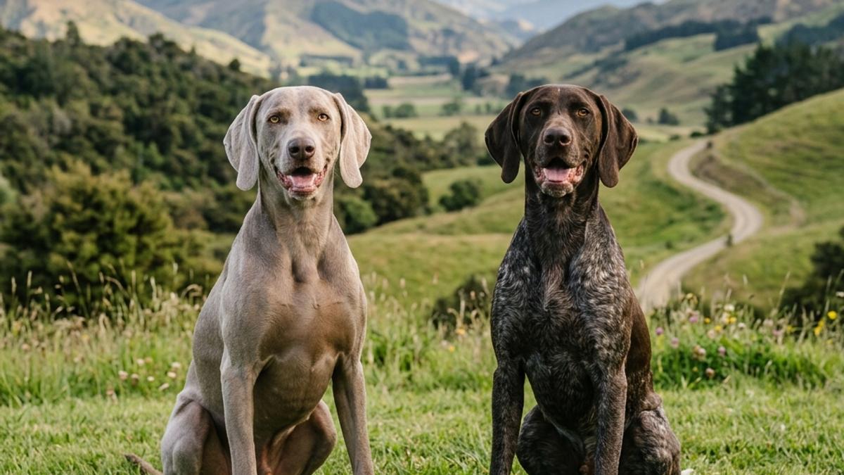 A happy Weimaraner dog and a German Shorthaired Pointer side by side in a New Zealand landscape setting