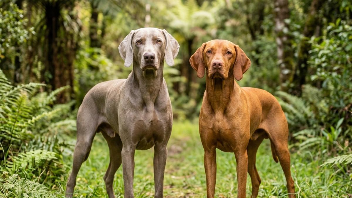 A sleek silver Weimaraner and a golden-rust Vizsla standing together in a grassy clearing of a New Zealand forest