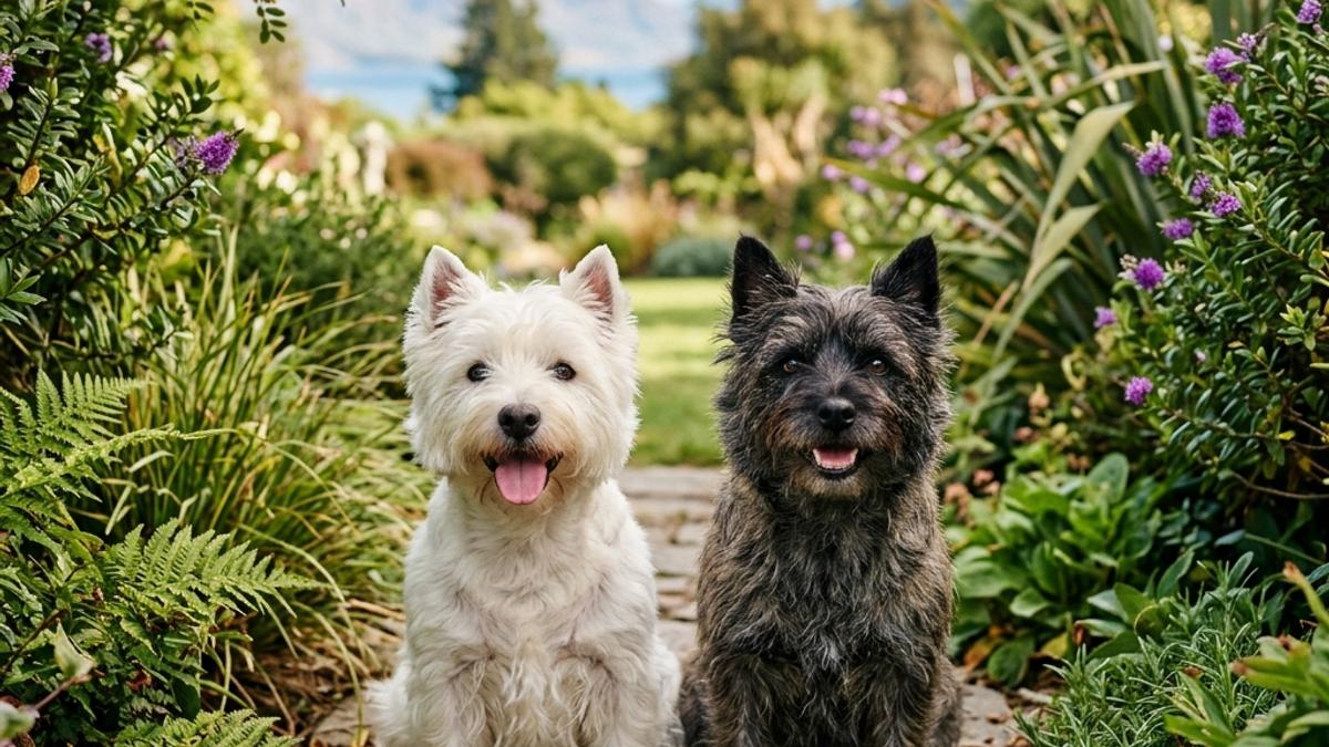 A happy West Highland White Terrier and a Cairn Terrier side by side in a New Zealand garden path