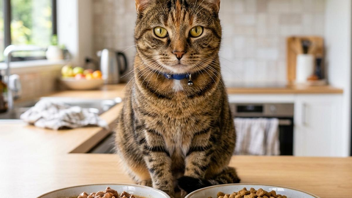 A domestic cat sitting behind two bowls containing wet cat food chunks in gravy and dry kibble respectively