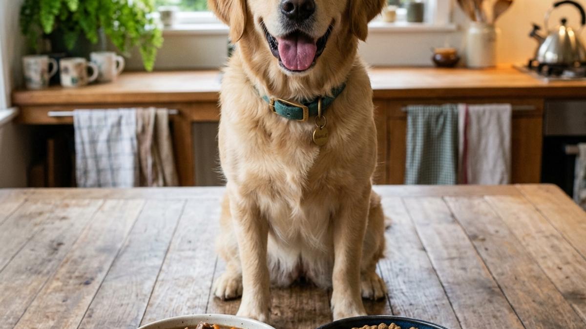 A golden retriever sitting behind two dog bowls containing wet food chunks in gravy and dry kibble respectively
