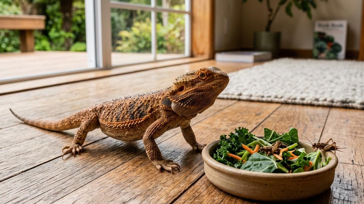 A bearded dragon looking at a plate of fresh vegetables and crickets on a wooden floor in a New Zealand home