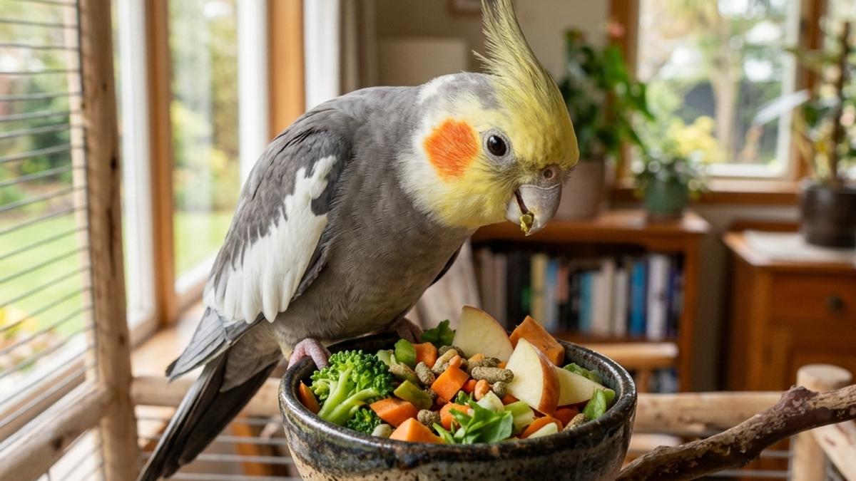 A healthy cockatiel feeding on chopped fresh vegetables and apple slices in a New Zealand home setting