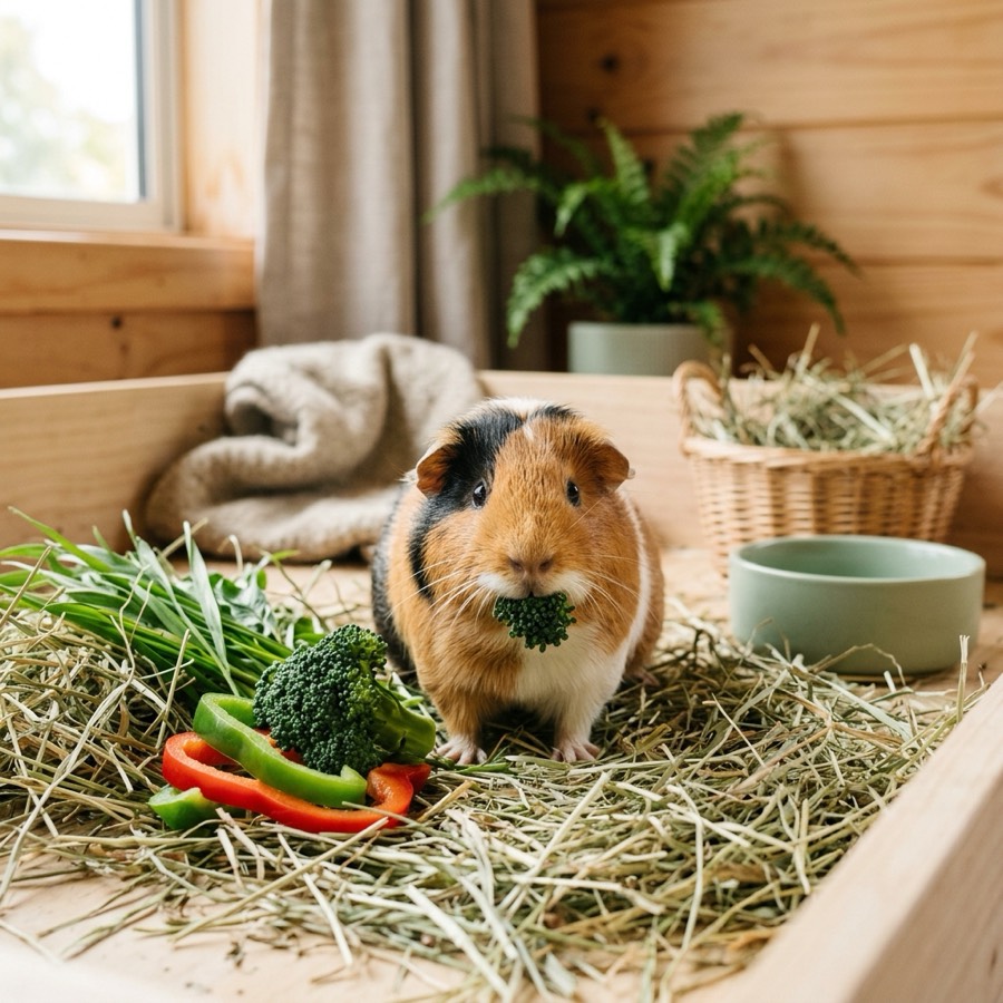 A friendly guinea pig munching on fresh green bell peppers and hay on a light wooden floor