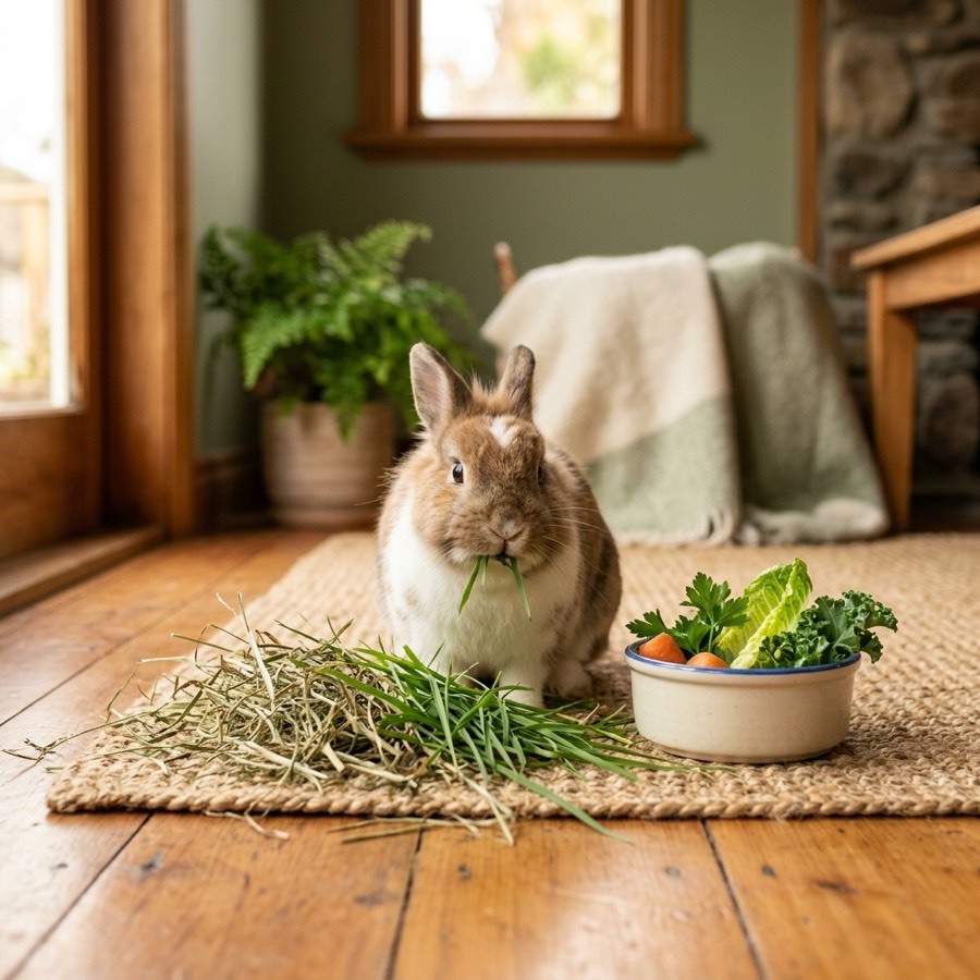 A cute grey rabbit eating fresh grass and hay next to leafy greens on a clean wooden tray