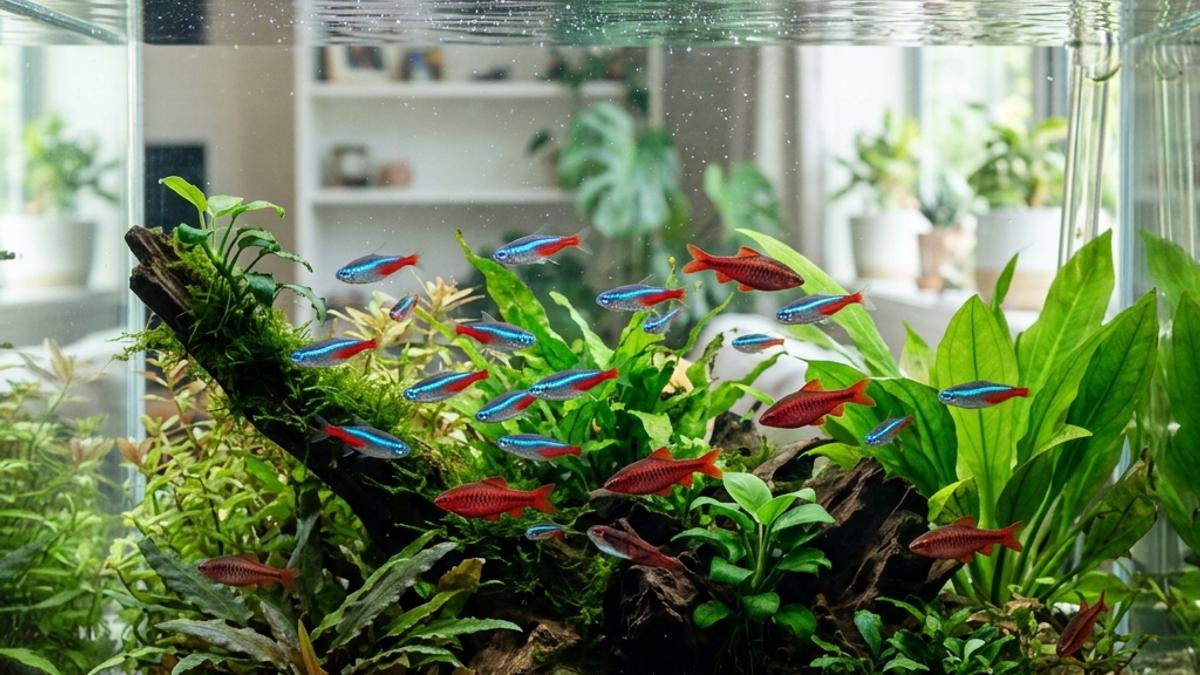 A school of colorful neon tetras and cherry barbs swimming inside a beautifully planted beginner aquarium in New Zealand