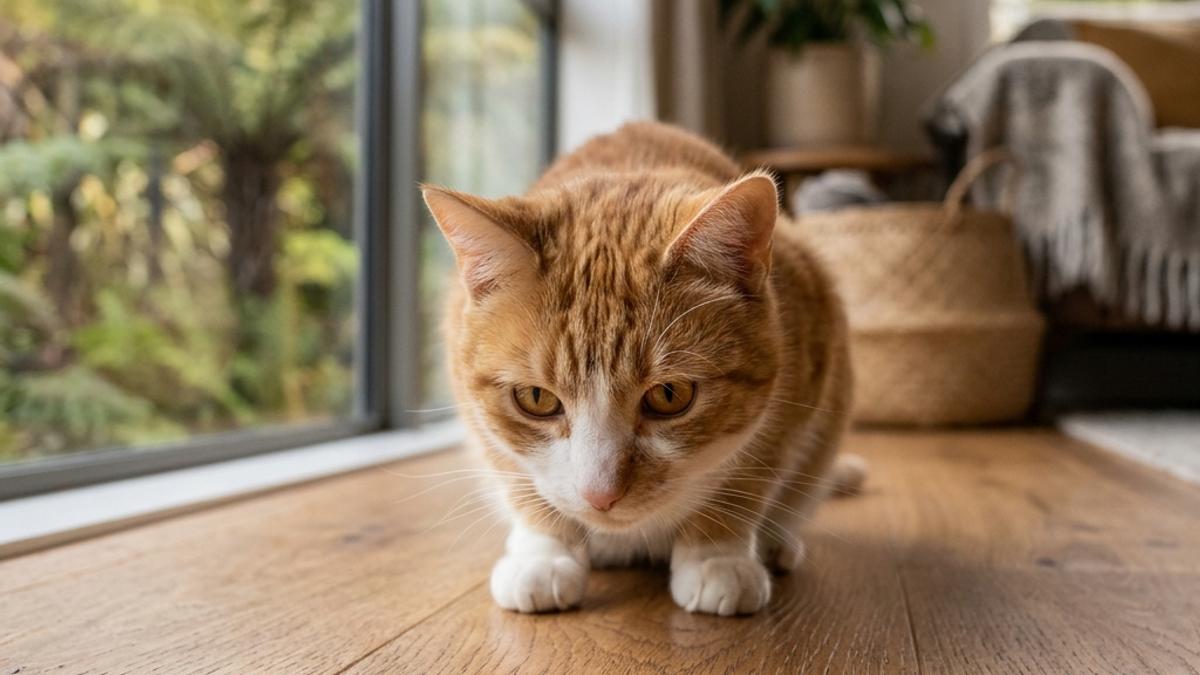 A happy cat warily looking at a small drop of water on a floor inside a New Zealand home