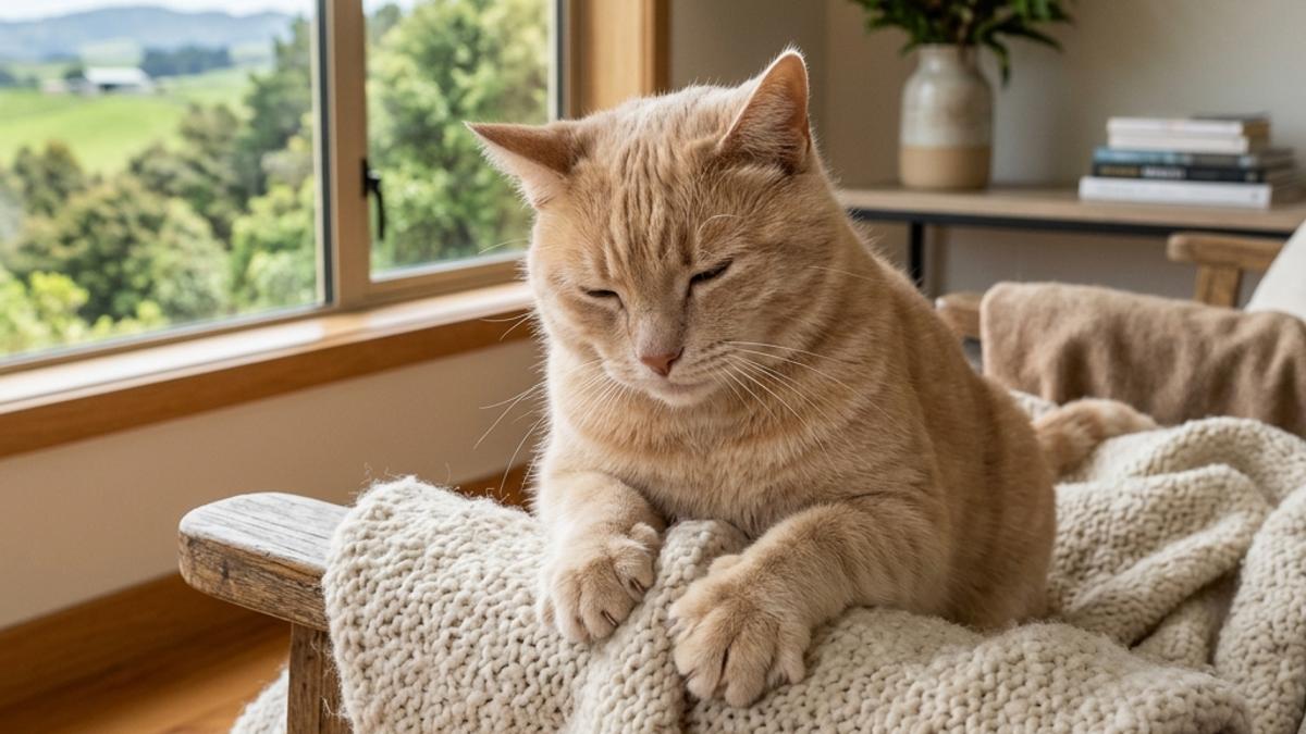 A happy cat kneading a soft blanket contentedly inside a cozy New Zealand home