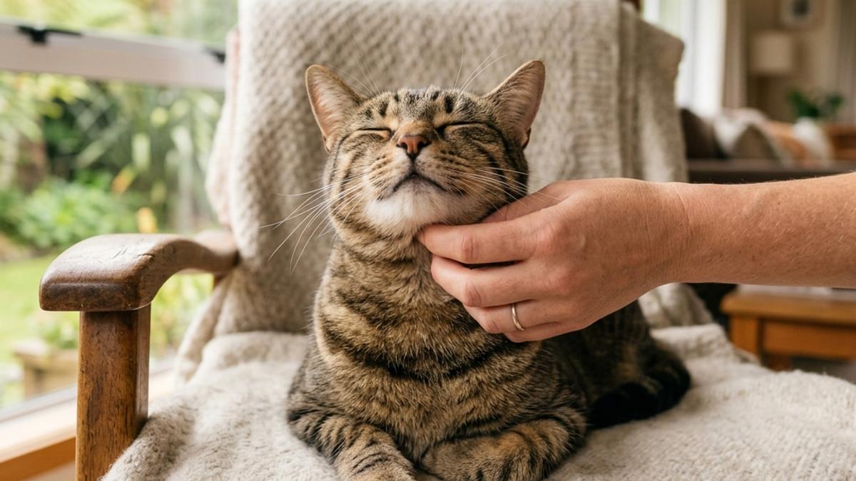 A happy cat purring contentedly while being petted under the chin inside a cozy New Zealand home