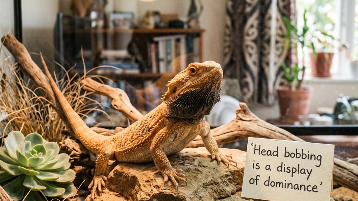 A Bearded Dragon performing a head-bobbing motion on a rock next to an info card