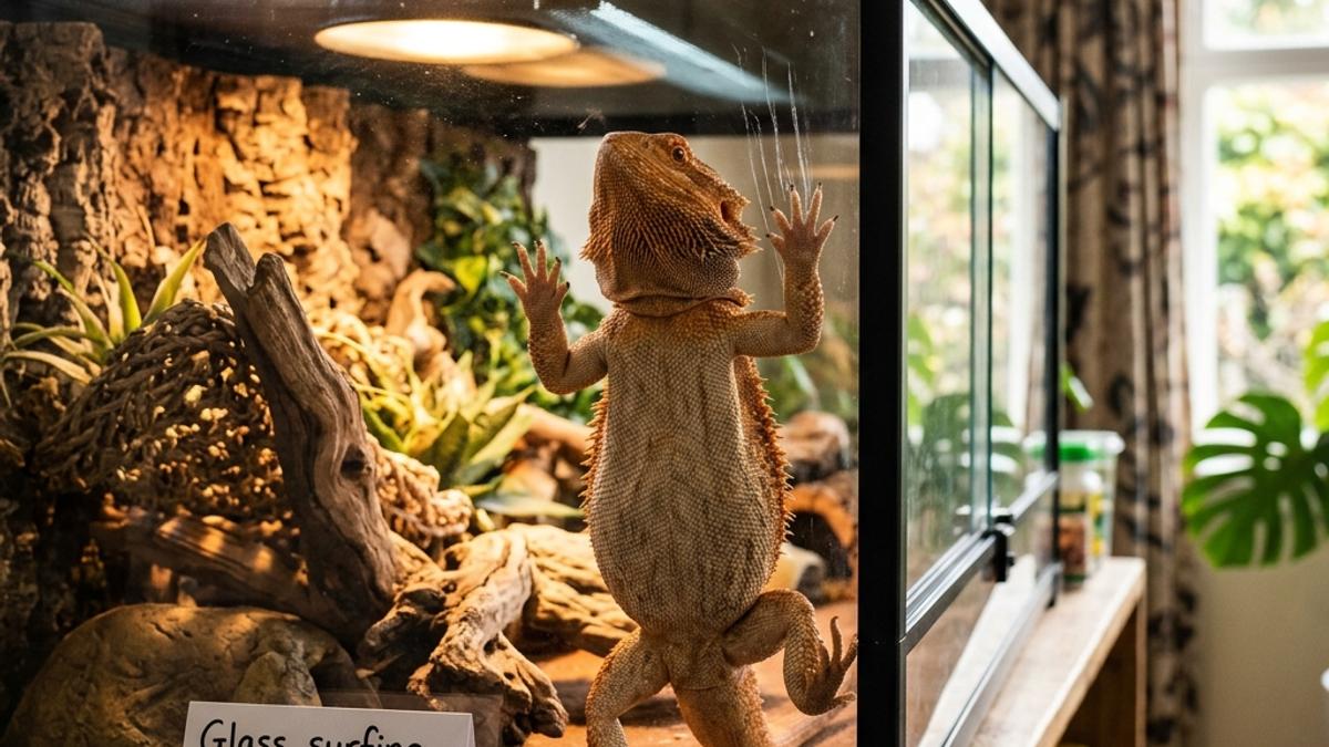 A Bearded Dragon standing on its hind legs scratching at the glass wall of its terrarium next to an info card