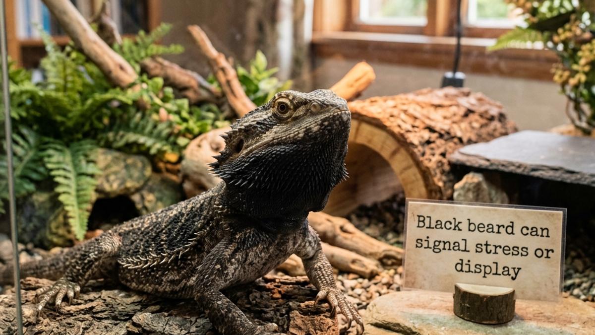 A Bearded Dragon with a prominent black beard inside its terrarium in a New Zealand home next to a warning card